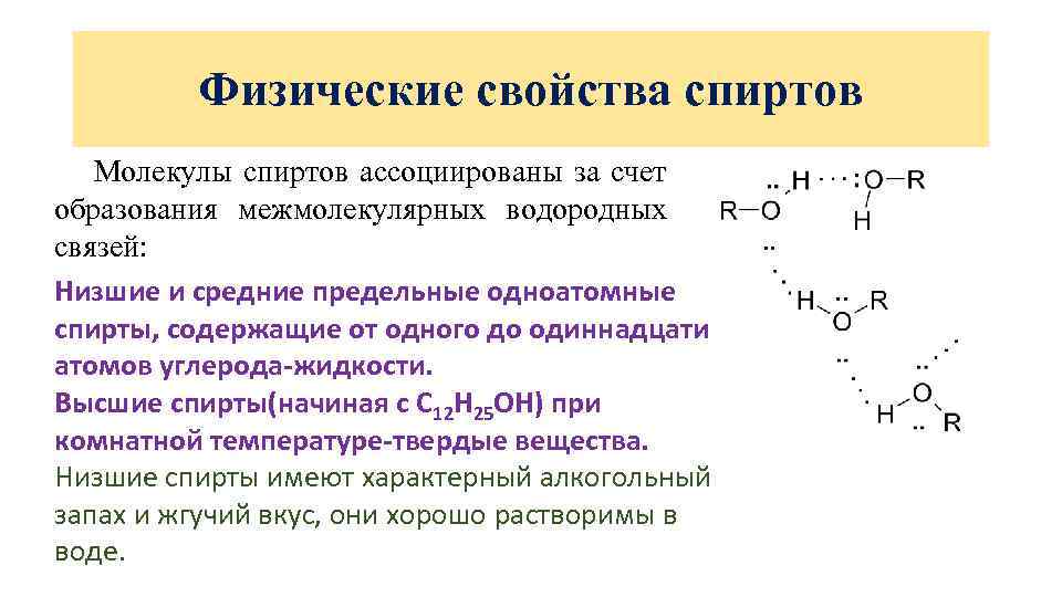 Физические свойства спиртов Молекулы спиртов ассоциированы за счет образования межмолекулярных водородных связей: Низшие и