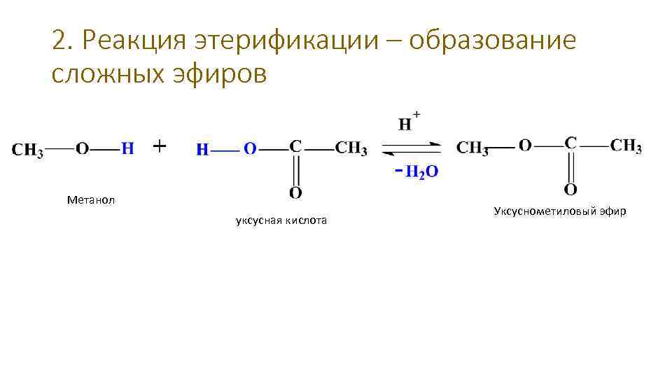 2. Реакция этерификации – образование сложных эфиров Метанол уксусная кислота Уксуснометиловый эфир 