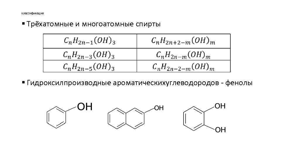 классификация § Трёхатомные и многоатомные спирты § Гидроксилпроизводные ароматическихуглеводородов - фенолы 