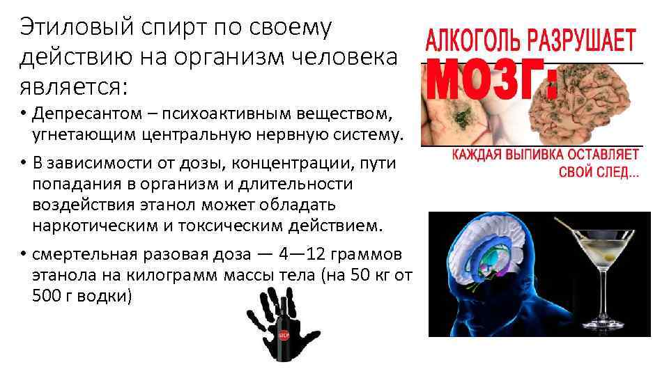 Этиловый спирт по своему действию на организм человека является: • Депресантом – психоактивным веществом,