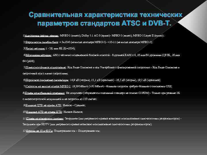 Сравнительная характеристика технических параметров стандартов ATSC и DVB-T. 1)Алгоритмы сжатия данных: MPEG-2 (видео), Dolby