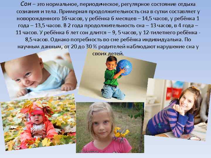 Сон – это нормальное, периодическое, регулярное состояние отдыха сознания и тела. Примерная продолжительность сна