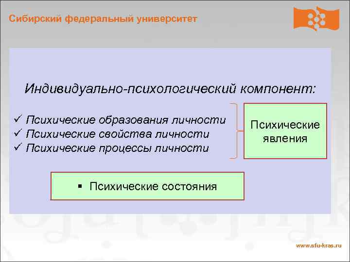 Сибирский федеральный университет Индивидуально-психологический компонент: ü Психические образования личности ü Психические свойства личности ü