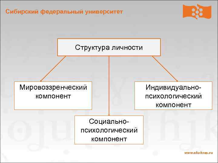 Сибирский федеральный университет Структура личности Мировоззренческий компонент Индивидуальнопсихологический компонент Социальнопсихологический компонент www. sfu-kras. ru