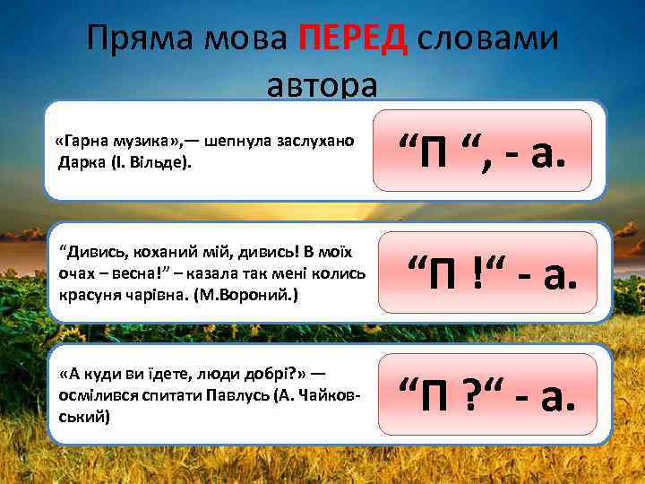 Пряма мова ПЕРЕД словами автора «Гарна музика» , — шепнула заслухано Дарка (І. Вільде).