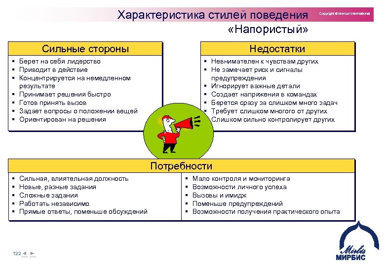 Характеристика стилей поведения «Напористый» Сильные стороны Copyright © Mercuri International Недостатки § Берет на
