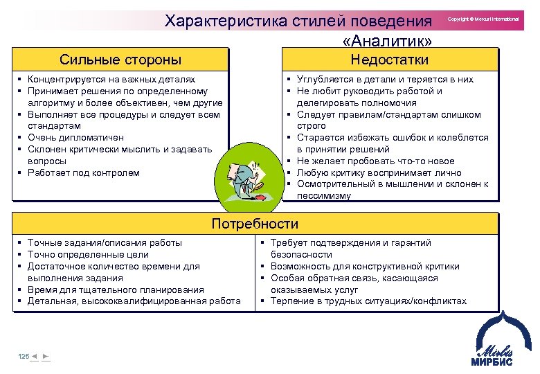 Характеристика стилей поведения «Аналитик» Copyright © Mercuri International Сильные стороны Недостатки § Концентрируется на
