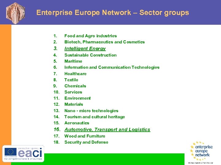 Enterprise Europe Network – Sector groups 1. 2. Food and Agro industries Biotech, Pharmaceutics