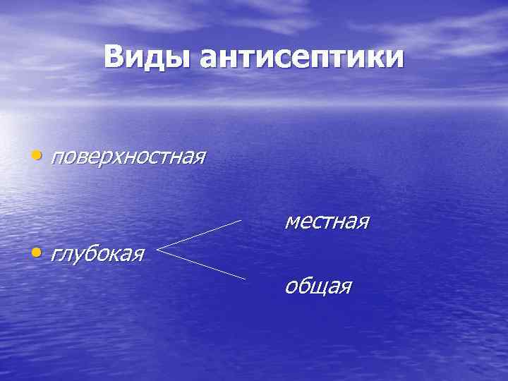 Виды антисептики • поверхностная • глубокая местная общая 