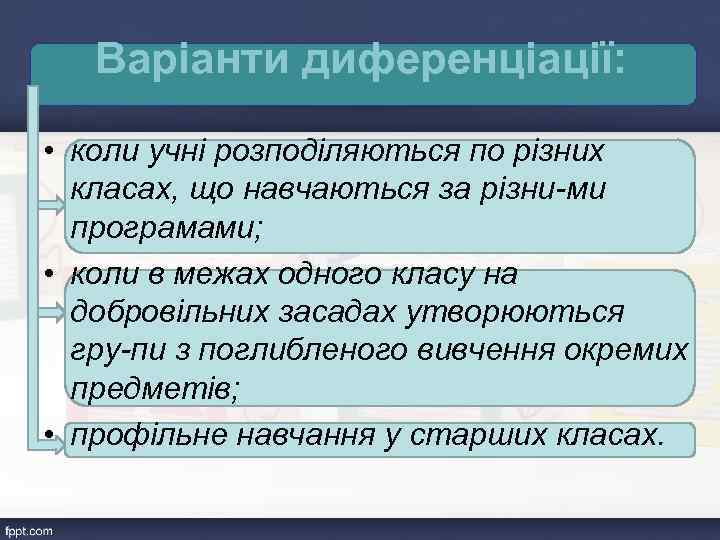 Варіанти диференціації: • коли учні розподіляються по різних класах, що навчаються за різни ми