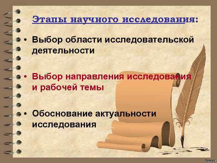 Этапы научного исследования: • Выбор области исследовательской деятельности • Выбор направления исследования и рабочей