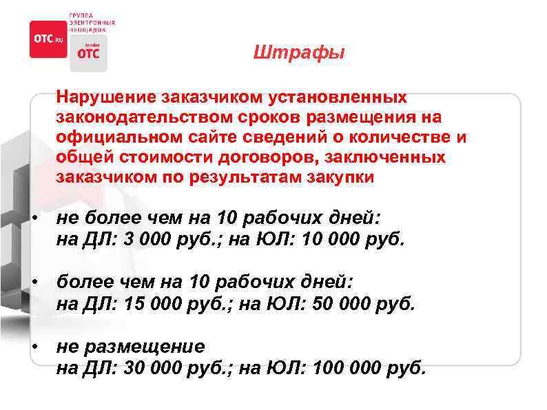 Штрафы Нарушение заказчиком установленных законодательством сроков размещения на официальном сайте сведений о количестве и