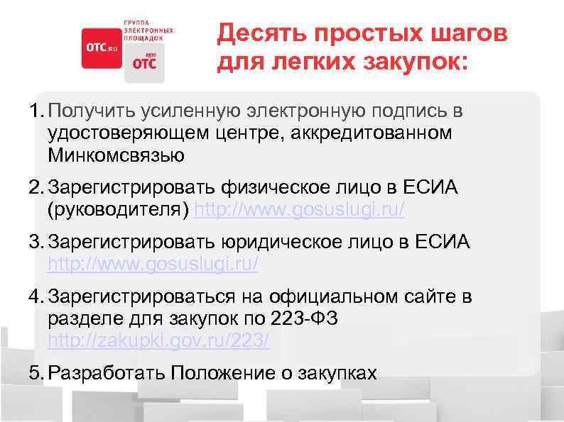Десять простых шагов для легких закупок: 1. Получить усиленную электронную подпись в удостоверяющем центре,