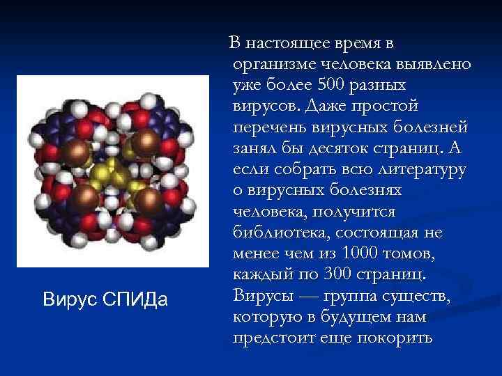 Вирус СПИДа В настоящее время в организме человека выявлено уже более 500 разных вирусов.