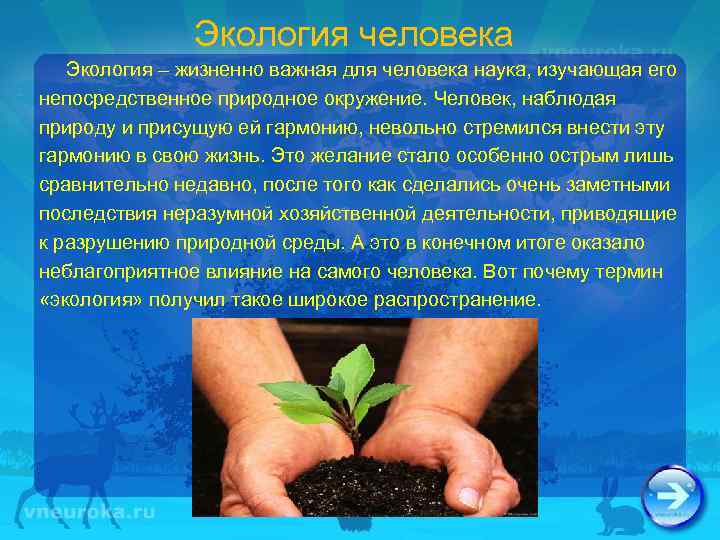 Экология человека Экология – жизненно важная для человека наука, изучающая его непосредственное природное окружение.