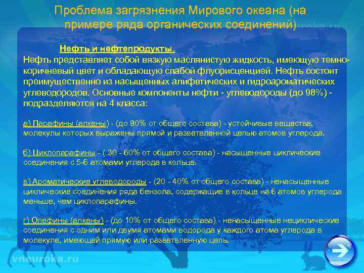 Проблема загрязнения Мирового океана (на примере ряда органических соединений) Нефть и нефтепродукты. Нефть представляет