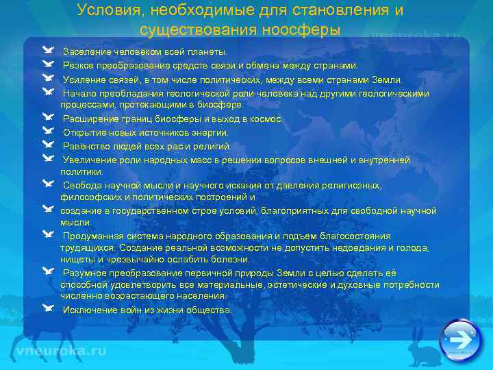 Условия, необходимые для становления и существования ноосферы Заселение человеком всей планеты. Резкое преобразование средств