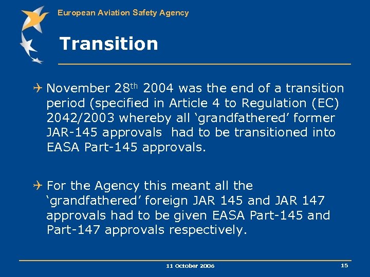 European Aviation Safety Agency Transition Q November 28 th 2004 was the end of