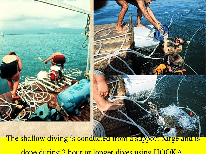 The shallow diving is conducted from a support barge and is 