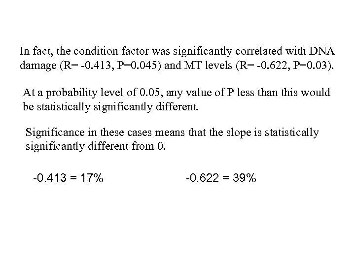 In fact, the condition factor was significantly correlated with DNA damage (R= -0. 413,