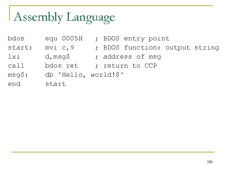 Assembly Language bdos start: lxi call msg$: end equ 0005 H ; BDOS entry