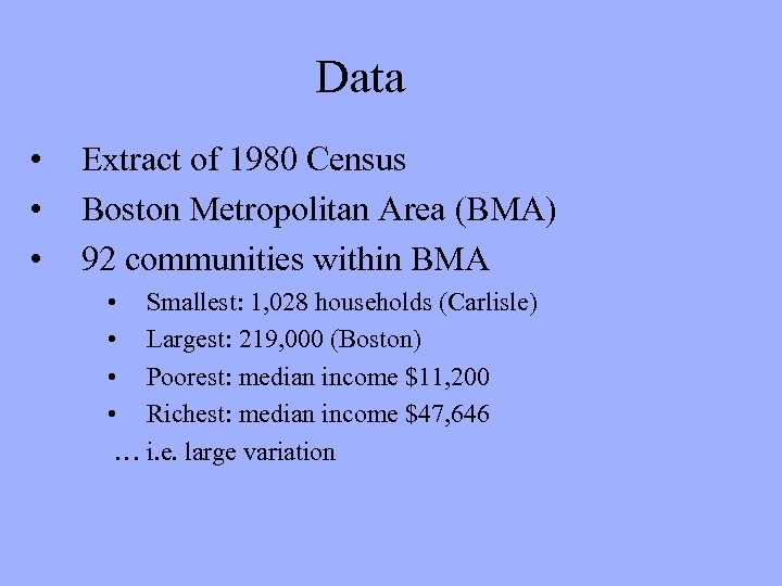 Data • • • Extract of 1980 Census Boston Metropolitan Area (BMA) 92 communities