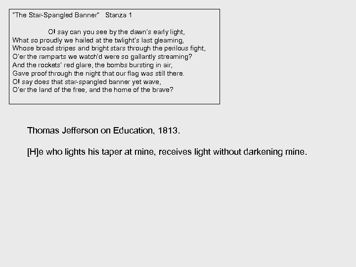 “The Star-Spangled Banner” Stanza 1 O! say can you see by the dawn’s early