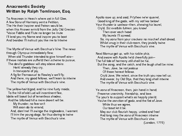 Anacreontic Society Written by Ralph Tomlinson, Esq. To Anacreon in Heav'n where sat in
