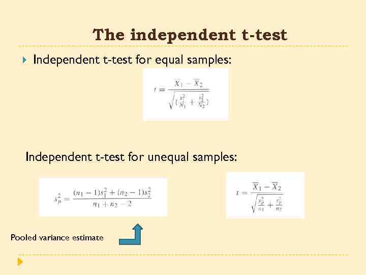 The independent t-test Independent t-test for equal samples: Independent t-test for unequal samples: Pooled