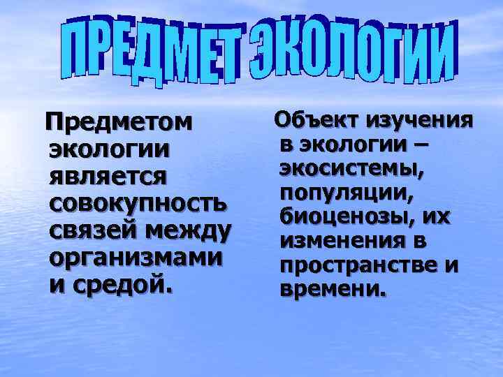 Предметом экологии является совокупность связей между организмами и средой. Объект изучения в экологии –