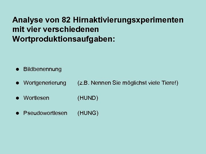 Analyse von 82 Hirnaktivierungsxperimenten mit vier verschiedenen Wortproduktionsaufgaben: l Bildbenennung l Wortgenerierung (z. B.