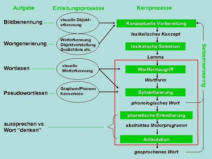 Aufgabe Bildbenennung Einleitungsprozesse visuelle Objekterkennung Kernprozesse Konzeptuelle Vorbereitung lexikalisches Konzept lexikalische Selektion Lemma Wortlesen