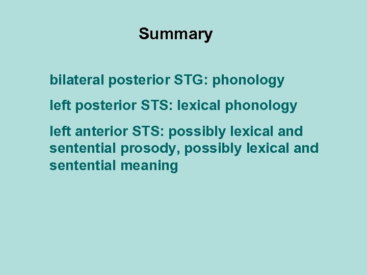 Summary bilateral posterior STG: phonology left posterior STS: lexical phonology left anterior STS: possibly