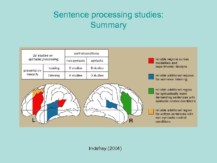 Sentence processing studies: Summary Indefrey (2004) 