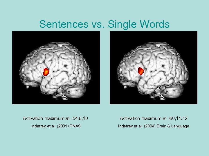 Sentences vs. Single Words Activation maximum at -54, 6, 10 Activation maximum at -60,