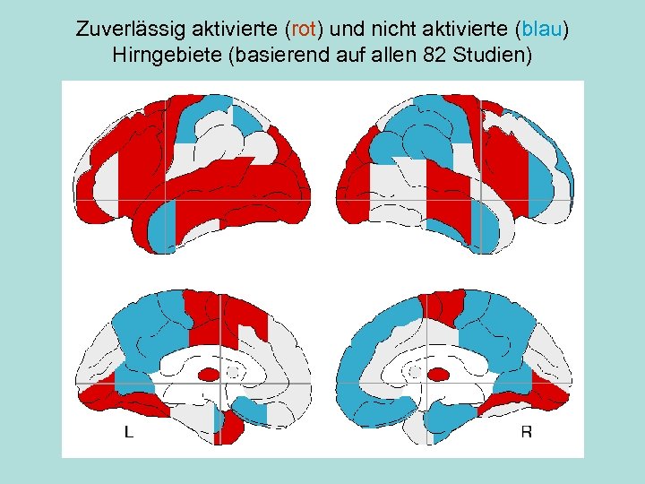 Zuverlässig aktivierte (rot) und nicht aktivierte (blau) Hirngebiete (basierend auf allen 82 Studien) 