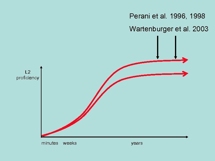 Perani et al. 1996, 1998 Wartenburger et al. 2003 L 2 proficiency minutes weeks