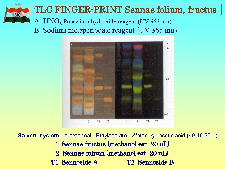 TLC FINGER-PRINT Sennae folium, fructus A HNO 3 -Potassium hydroxide reagent (UV 365 nm)
