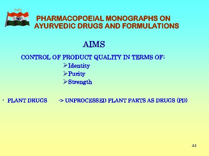 PHARMACOPOEIAL MONOGRAPHS ON AYURVEDIC DRUGS AND FORMULATIONS AIMS CONTROL OF PRODUCT QUALITY IN TERMS