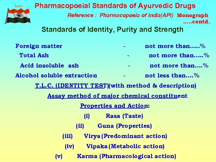 Pharmacopoeial Standards of Ayurvedic Drugs Reference : Pharmacopoeia of India(API) Monograph …. . contd.