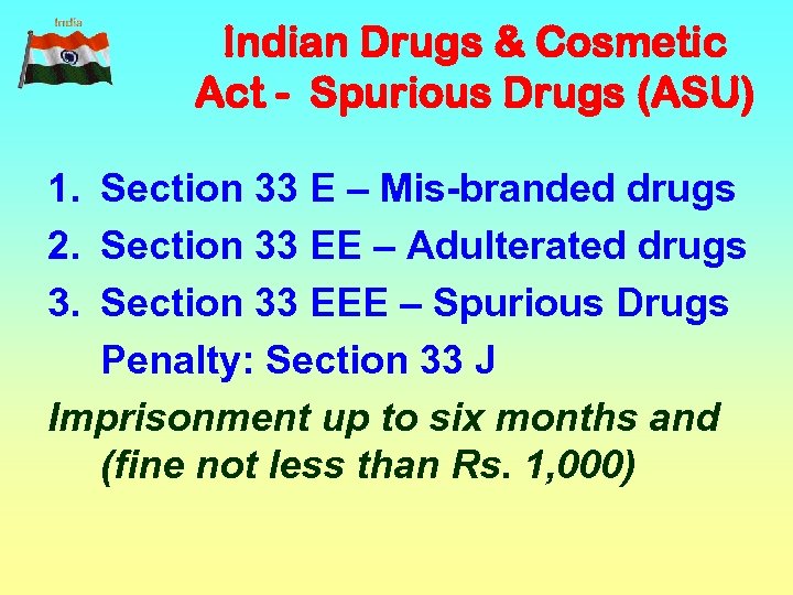 Indian Drugs & Cosmetic Act - Spurious Drugs (ASU) 1. Section 33 E –