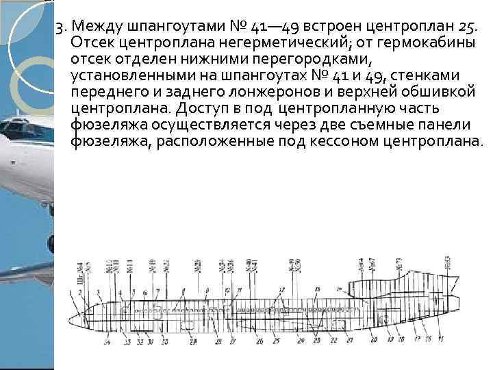 3. Между шпангоутами № 41— 49 встроен центроплан 25. Отсек центроплана негерметический; от гермокабины