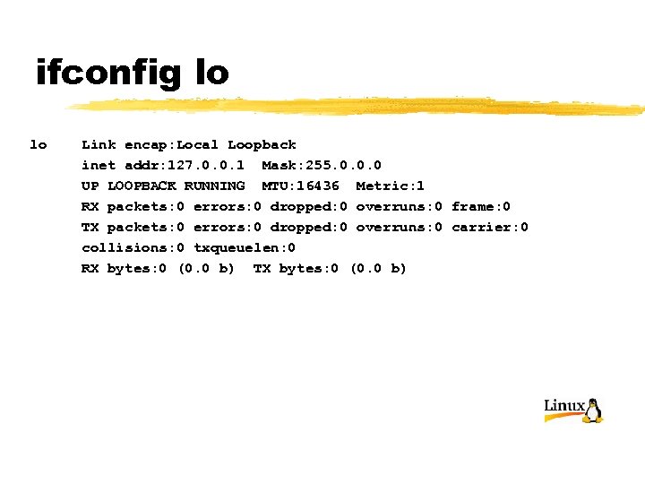 ifconfig lo lo Link encap: Local Loopback inet addr: 127. 0. 0. 1 Mask:
