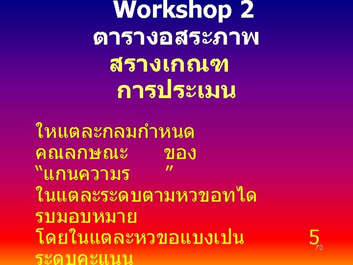 Workshop 2 ตารางอสระภาพ สรางเกณฑ การประเมน ใหแตละกลมกำหนด คณลกษณะ ของ “แกนความร ” ในแตละระดบตามหวขอทได รบมอบหมาย โดยในแตละหวขอแบงเปน 5