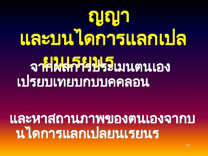 ญญา และบนไดการแลกเปล ยนเรยนร จากผลการประเมนตนเอง เปรยบเทยบกบบคคลอน และหาสถานภาพของตนเองจากบ นไดการแลกเปลยนเรยนร 76 