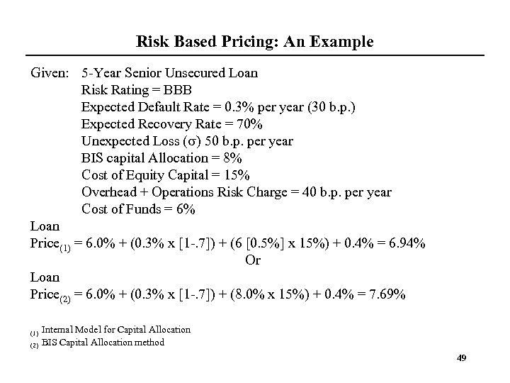 Risk Based Pricing: An Example Given: 5 -Year Senior Unsecured Loan Risk Rating =