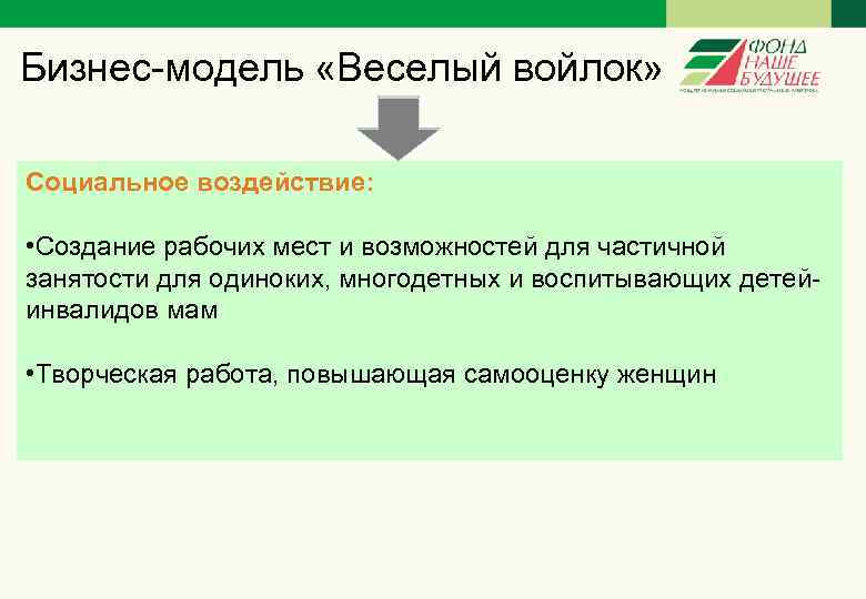 Бизнес-модель «Веселый войлок» Социальное воздействие: • Создание рабочих мест и возможностей для частичной занятости