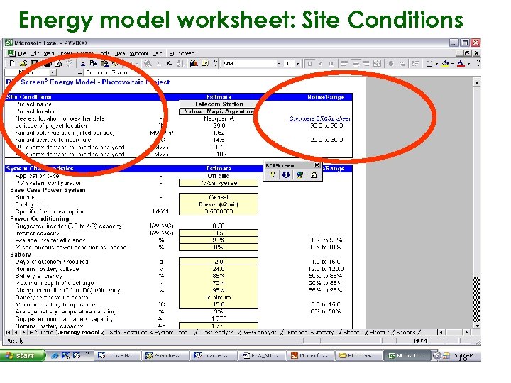 Energy model worksheet: Site Conditions 18 