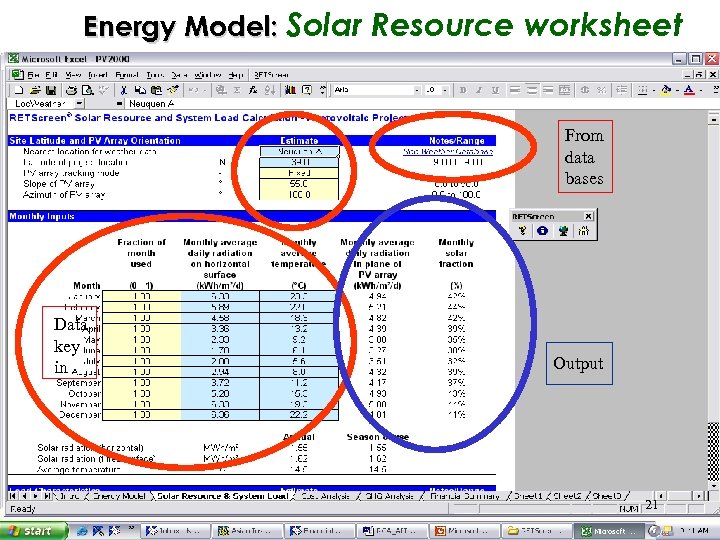 Energy Model: Solar Resource worksheet From data bases Data key in Output 21 