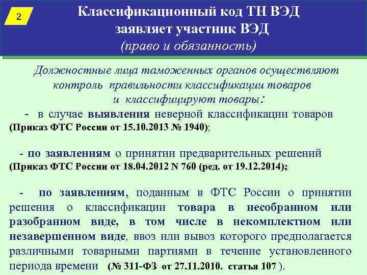 2 Классификационный код ТН ВЭД заявляет участник ВЭД (право и обязанность) Должностные лица таможенных